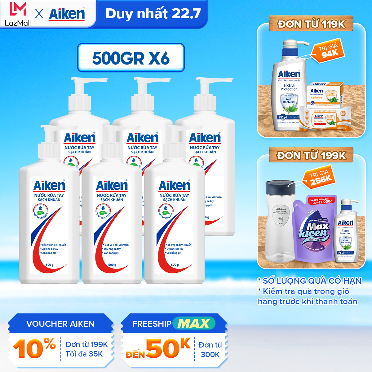 Combo 6 nước rửa tay xà phòng sạch khuẩn Aiken 500g chai