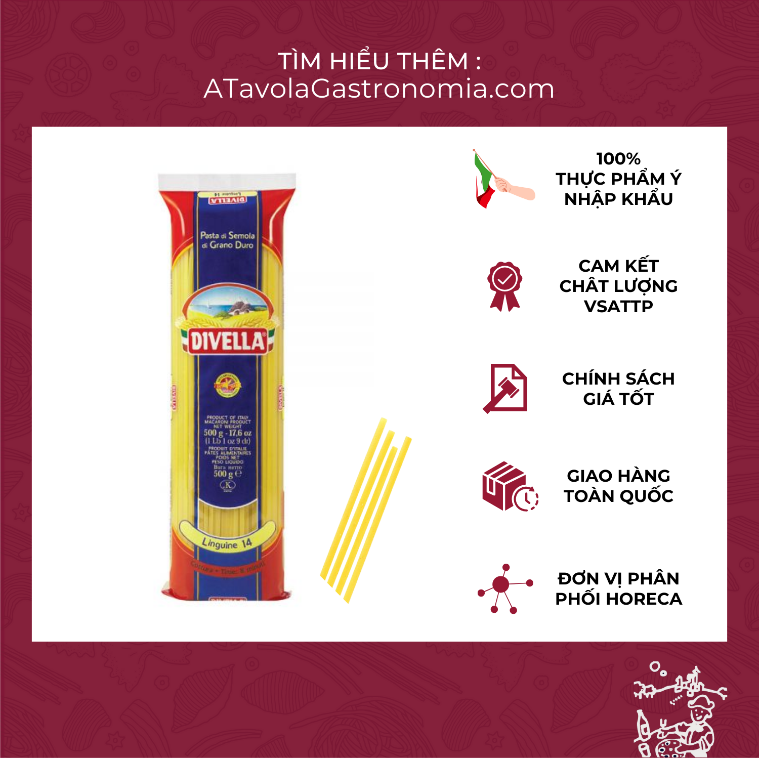 Mì Ý Linguine sợi dẹt DIVELLA gói 500g [Mỳ Ý Pasta Chính Hãng]