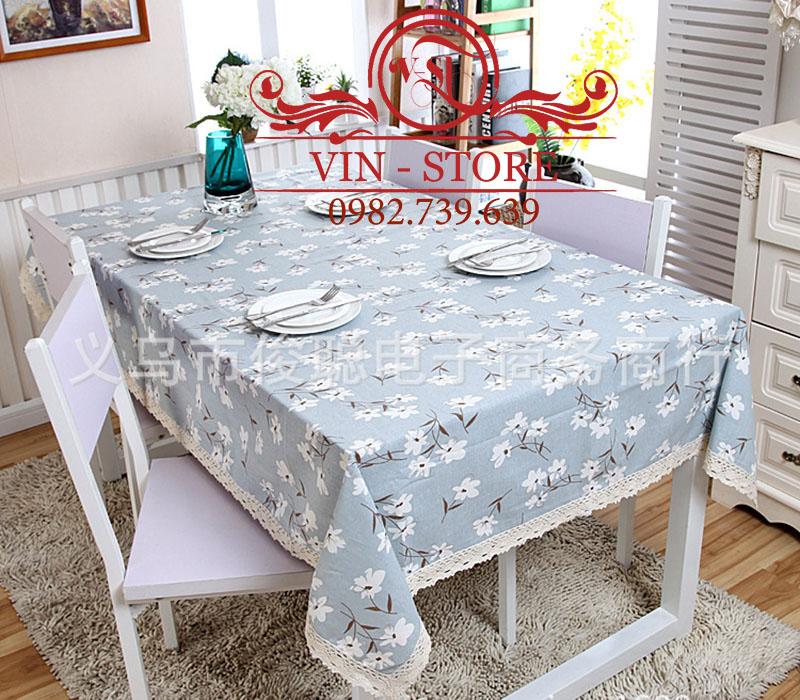 140X220cm KB042 Khăn trải bàn Hoa Trắng Nền Xanh Vinstore Homedecor Khăn trai bàn ren khăn trải bàn đẹp khăn ăn khăn bàn tablecolths tableware flower canvas vintage tea dining table cafe fabric linen cotton