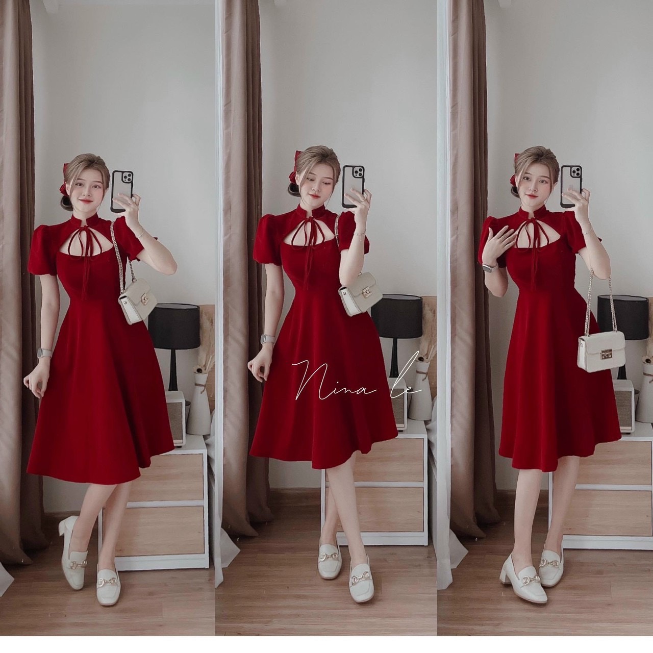 Đầm body xoè khoét eo noel tết màu đỏ dáng ngắn váy nữ kiểu phối ren đi dự  tiệc vải nhung g624