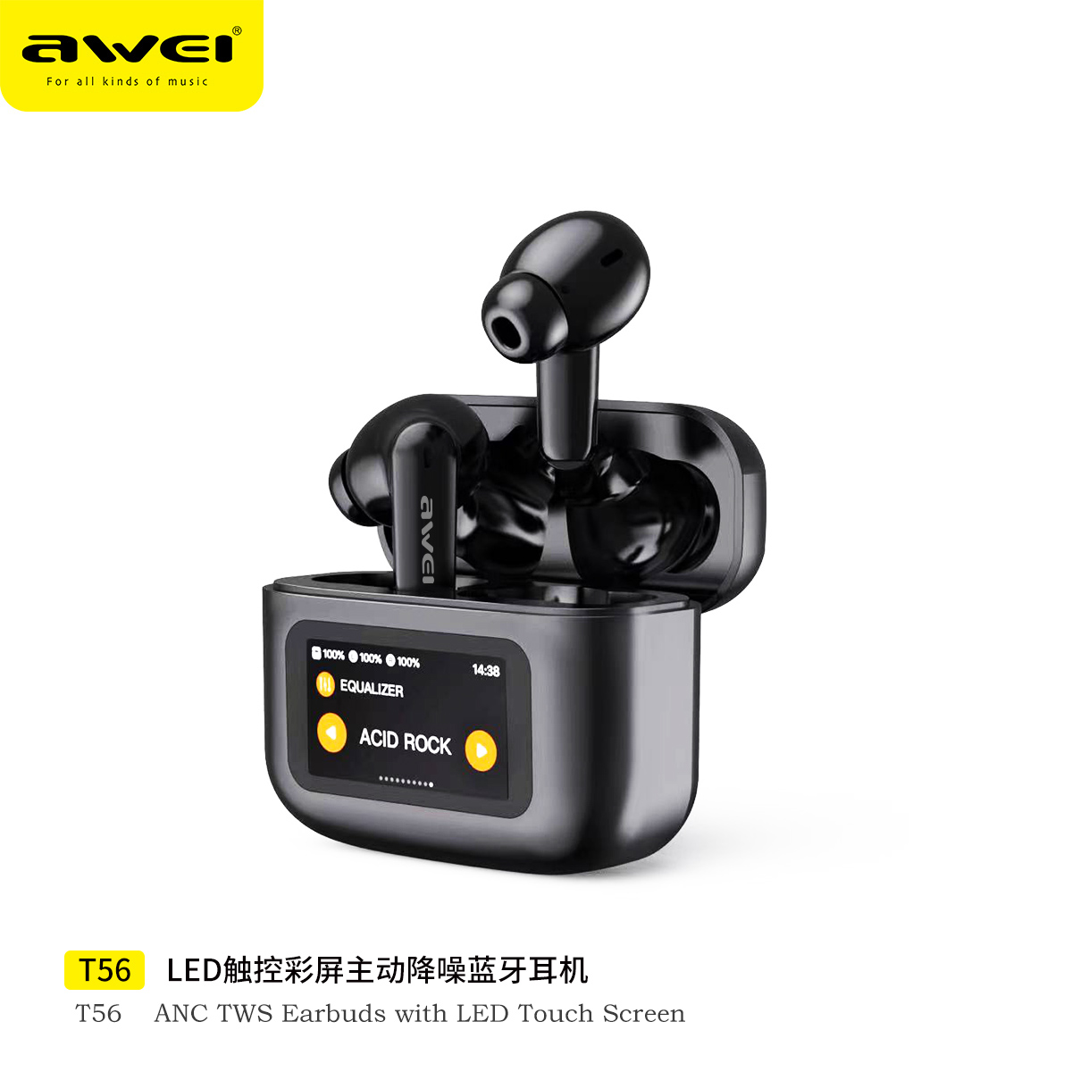 Awei T56 ANC Large color Screen AI Intelligent Translation Bluetooth earphone -35dB EQ model selection bluetooth 5.4 with Earphones search Wallpaper selection Spatial sound effect selection wireless earbuds