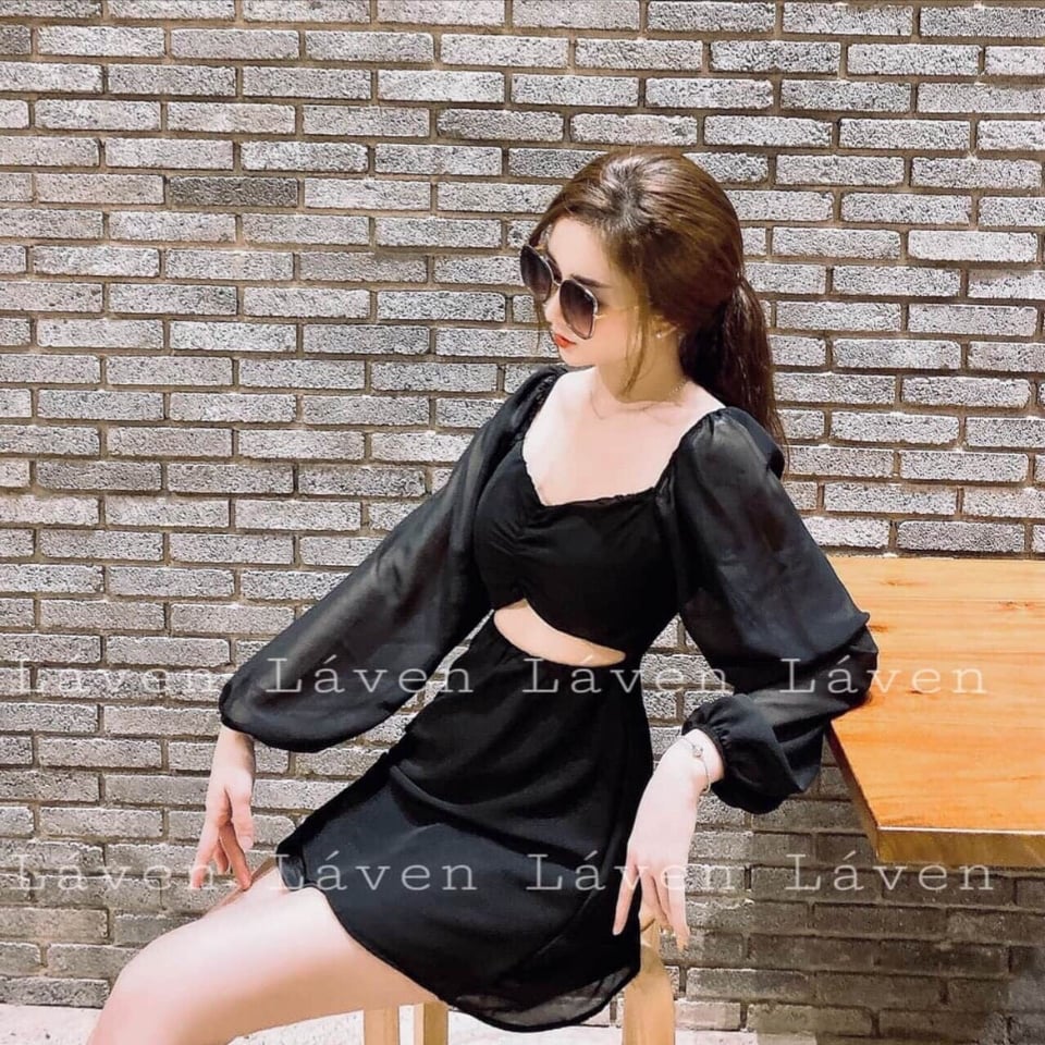 Đầm xòe voan tay phồng hở -bụng ( có mút ngực )