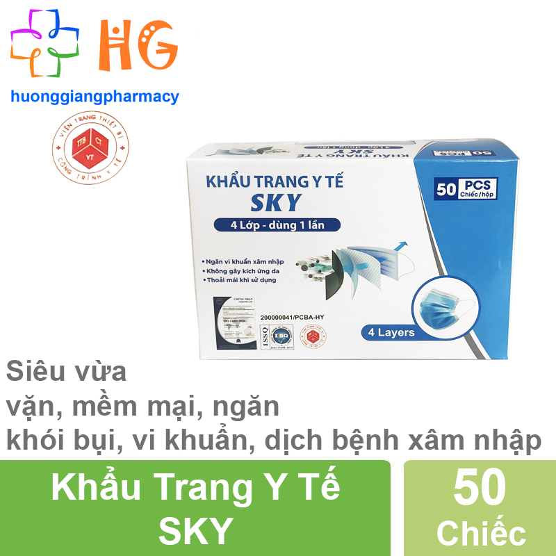 Khẩu Trang Y Tế 4 Lớp Sky - Ngăn ngừa vi khuẩn xâm nhập, không gây kích ứng da, mềm mại, thoải mái khi sử dụng (Hộp 50 chiếc)