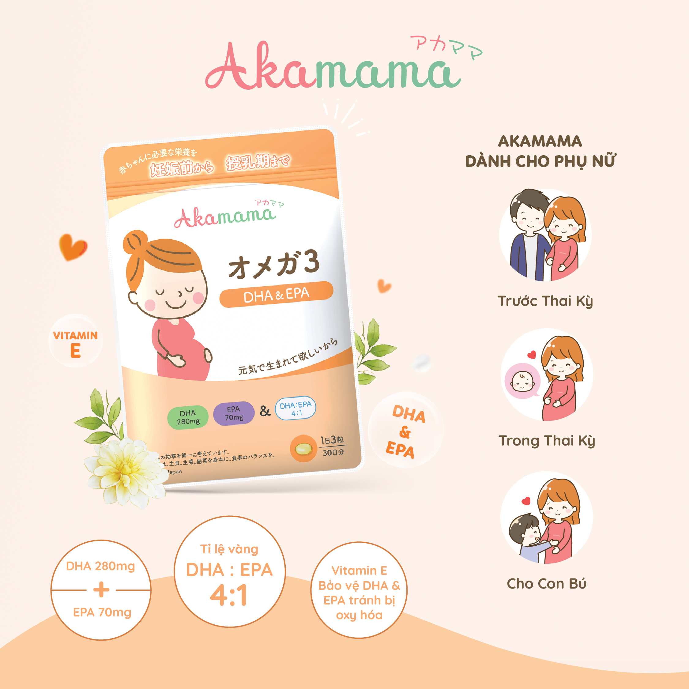 [QUÀ TẶNG 150K] COMBO 2 Sắt & Vitamin + 1 DHA cho bà bầu Akamama, Nhật Bản