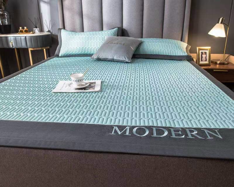 Chiếu điều hoà kèm 2 vỏ gối nằm cao su non siêu cấp thêu dệt modern màu xanh ngọc