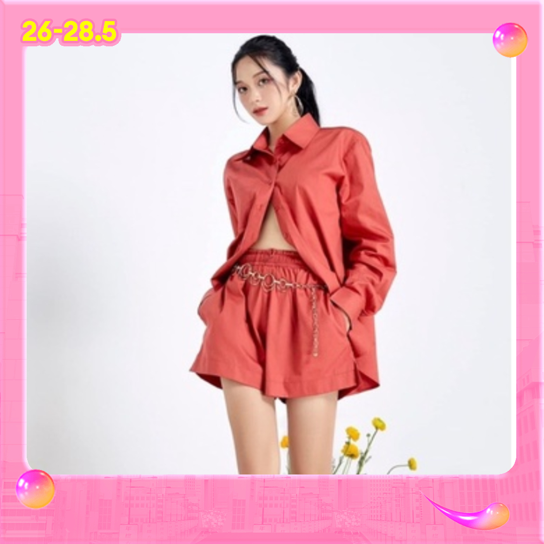 LALLA - Set basic gồm áo sơ mi và quần short lưng chun oversize nữ