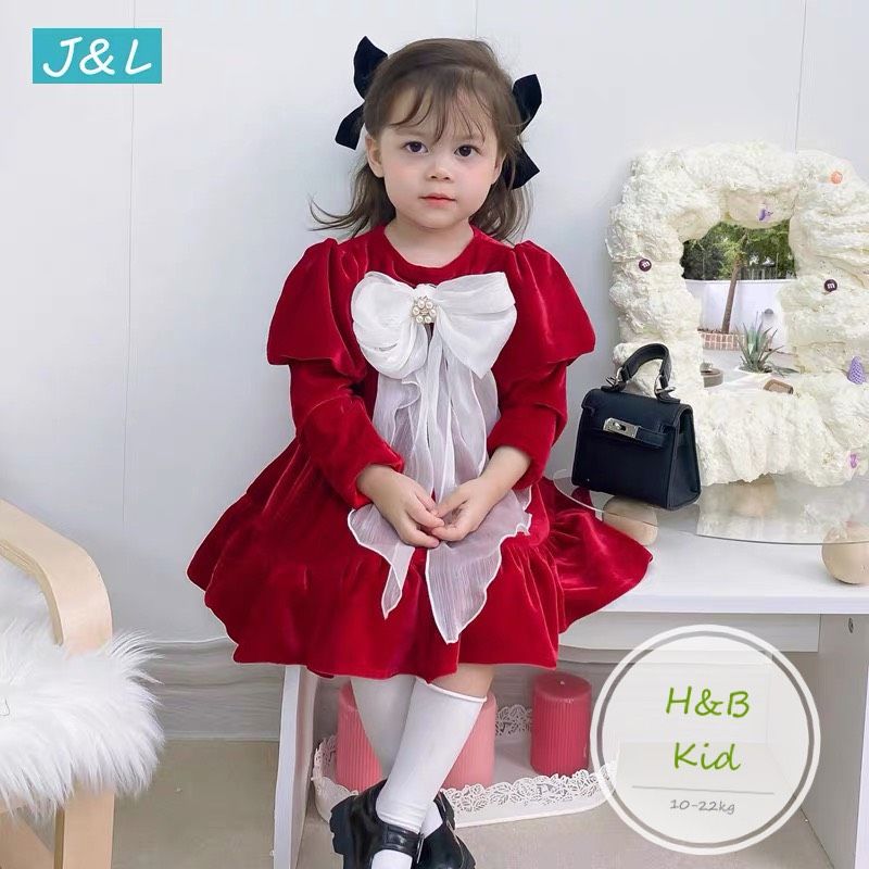 Váy nhung đỏ nơ voan trắng