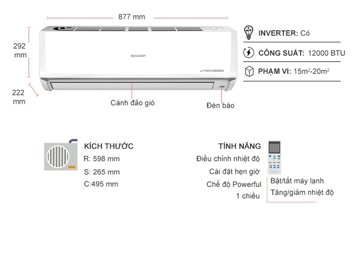 [TRẢ GÓP 0%]Điều hòa Sharp Inverter 12.000BTU 1 chiều AH-X13ZW (AH-X13ZEW Model mới 2023) (Giá áp dụng giao tại HN, HCM& các tỉnh liên hệ shop)