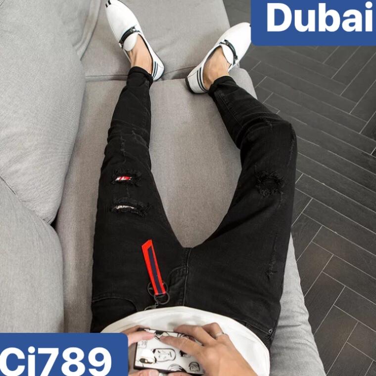 QUẦN JEAN NAM CHẤT BÒ ĐEN WASH RÁCH VẠCH ĐỎ DB-789 CAO CẤP- DUBAI FASHION