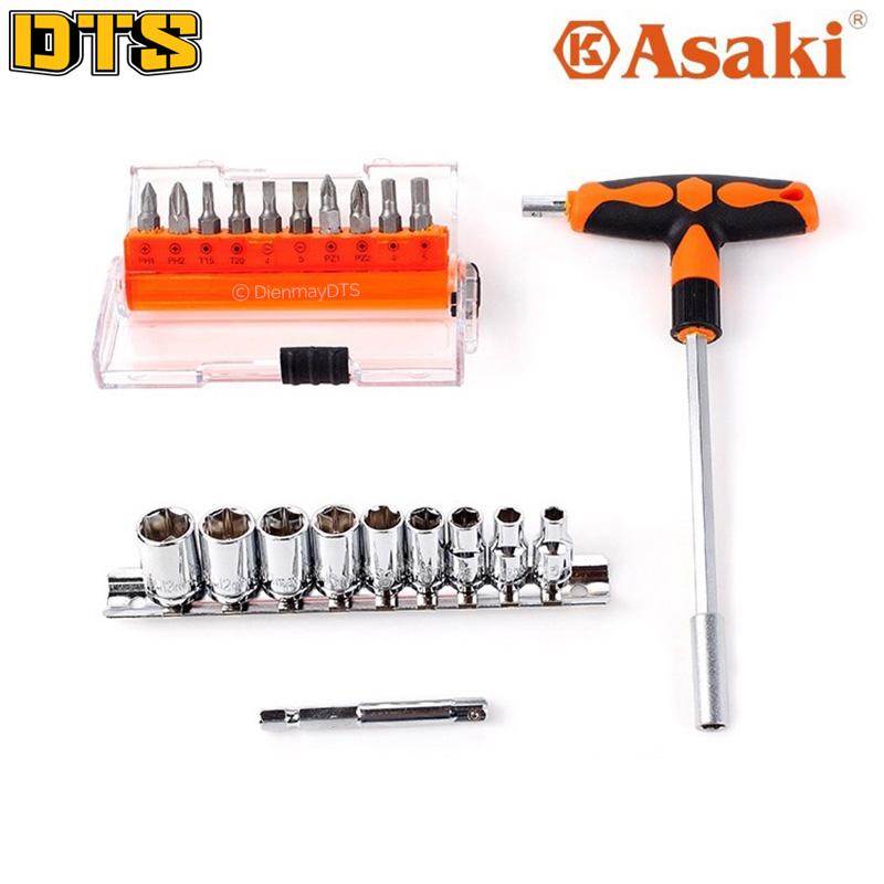 Bộ đầu tuýp và bộ mũi vít 21 chi tiết asaki ak-6357 - tay vặn chữ t