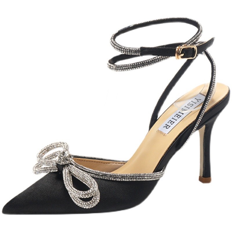 Giày Sandal LHMTC52 Mũi Nhọn Gót Nhọn Cao 5P Đính Nơ Đá Xinh Xắn Dành Cho Nữ