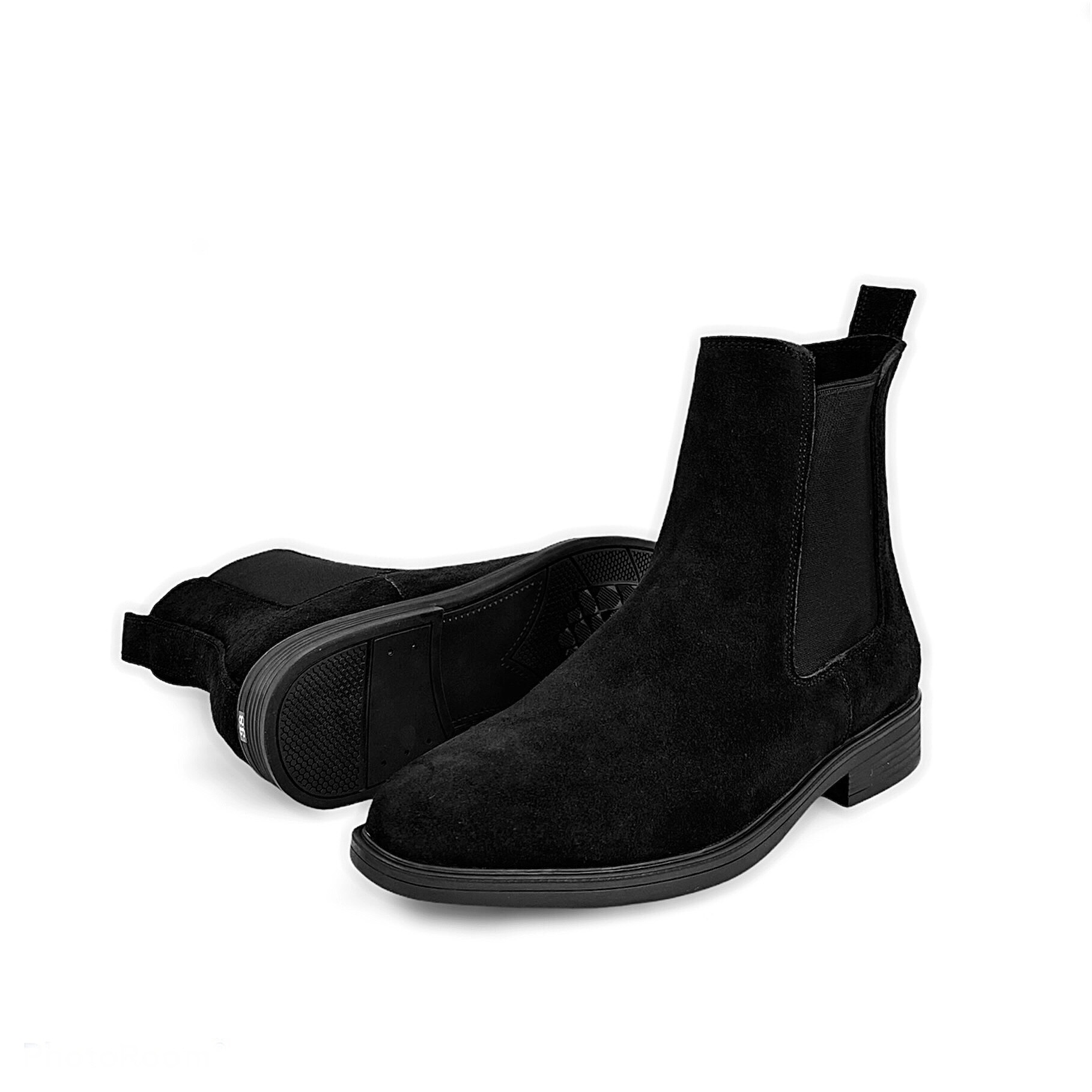 Giày da bò nam chelsea boot cổ cao TEFOSS HN601 Đen da lộn mũi tròn size 38