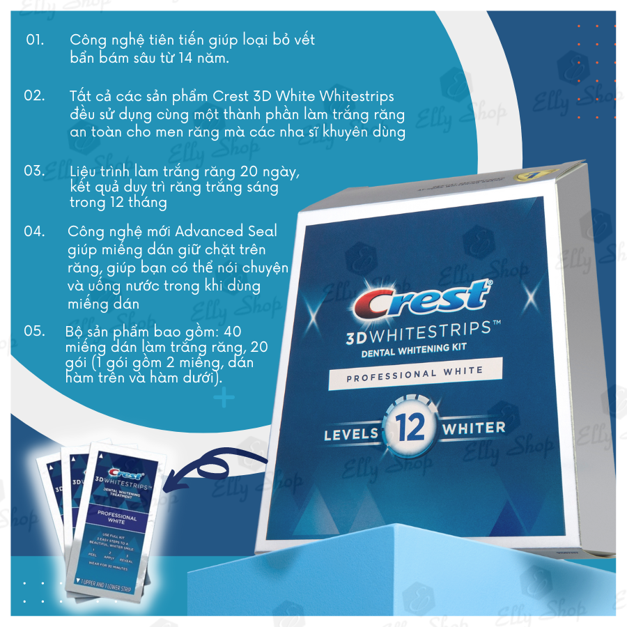 Miếng Dán Trắng Răng Crest 3D Whitestrips Level 12 Whiter