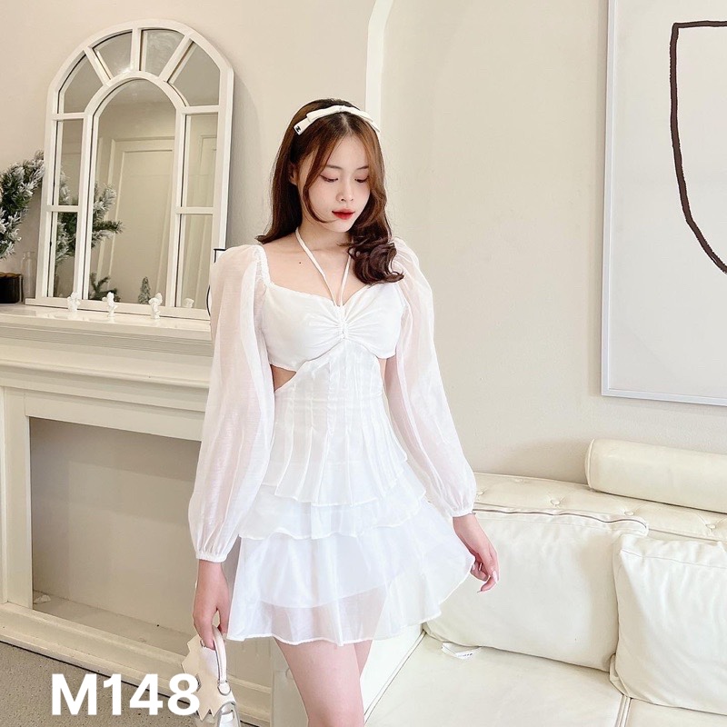 Đầm voan chiffon hở eo kèm dây có mút ngực M148