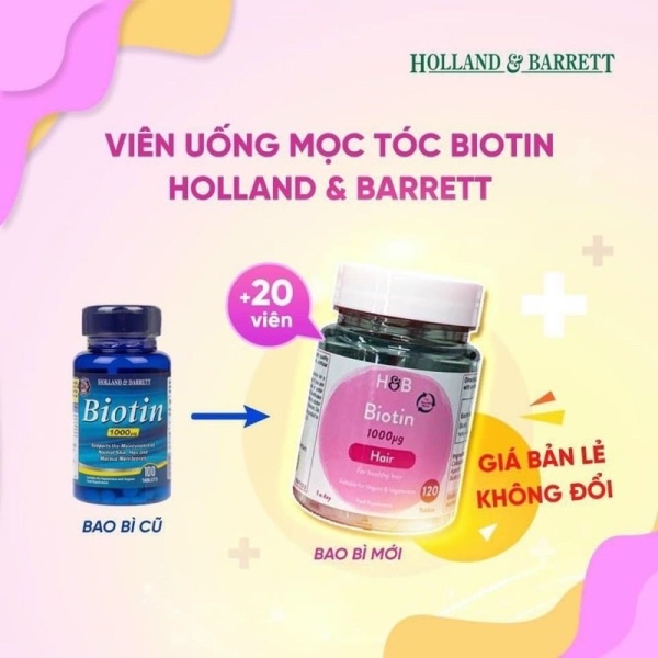Biotin 120 Viên dưỡng dài khỏe tóc mọc tóc Holland & Barrett