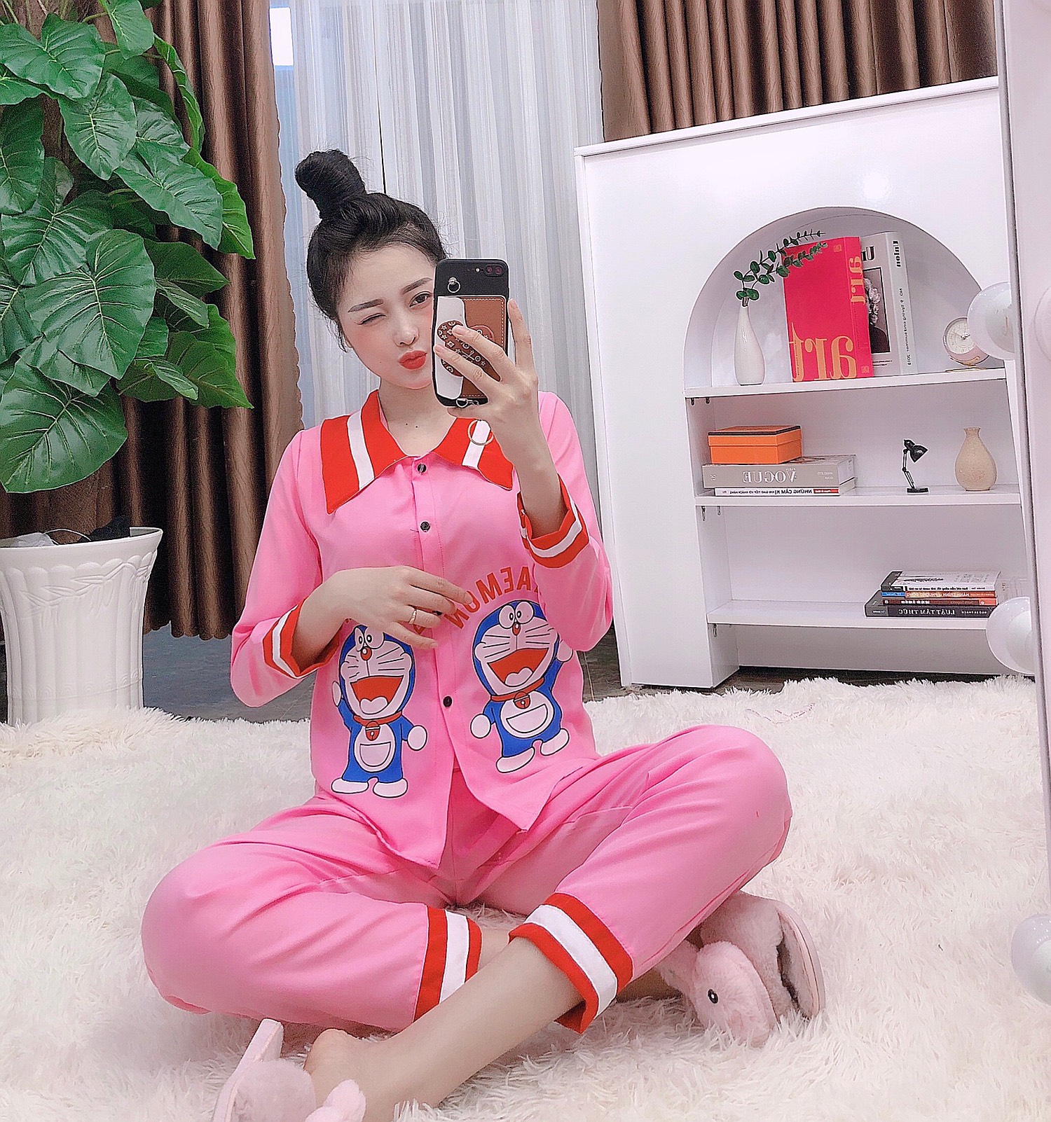 Pijama kate Lụa Nữ dài tay cao cấp , Bộ Đồ Pijama lụa nữ mặc nhà ngủ, pizama lụa nữ -họa tiết siêu xinh freesize dưới 57kg
