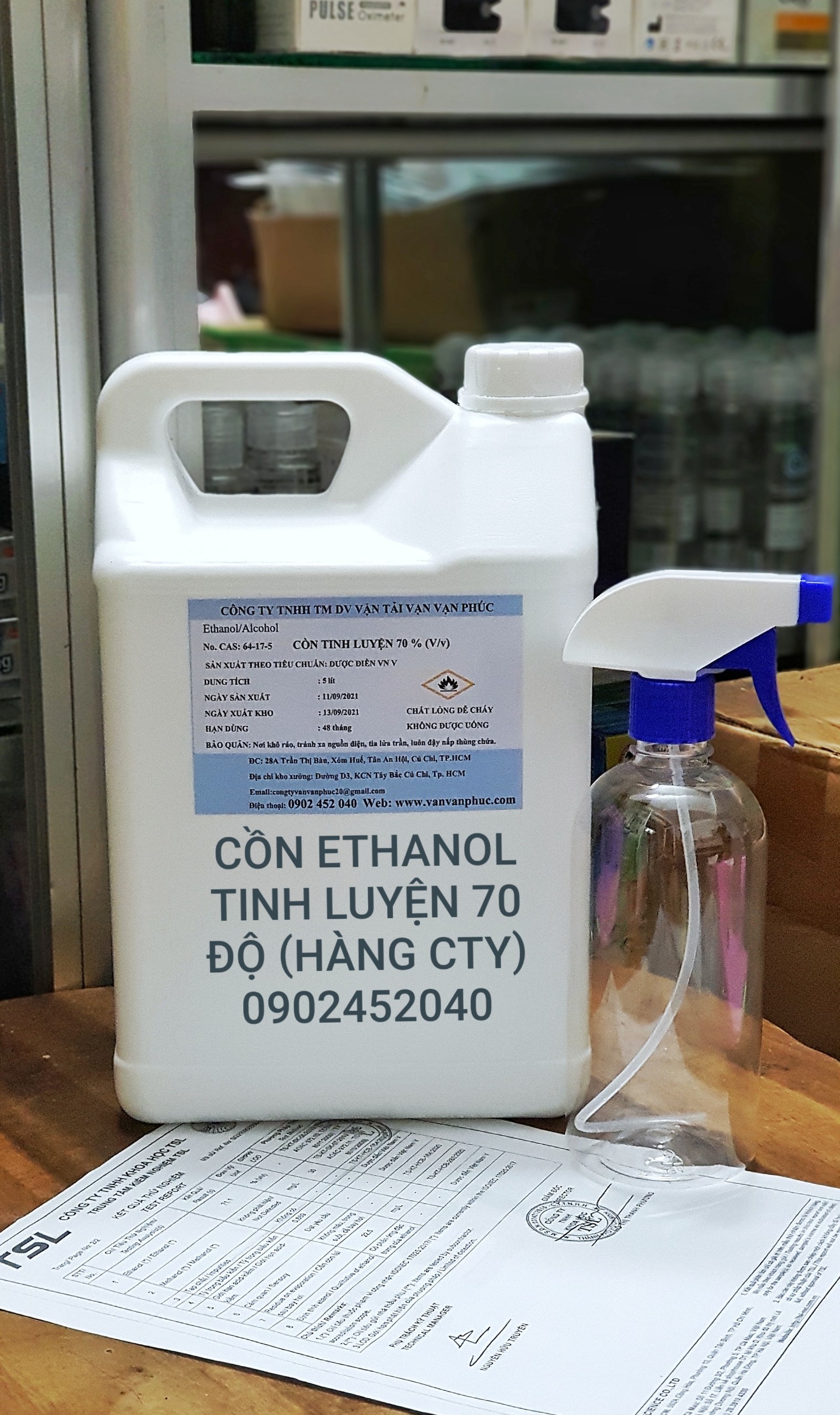 CỒN ETHANOL TINH LUYỆN 70 ĐỘ CAN 5 LÍT SÁT KHUẨN (HÀNG C.TY CÓ VAT)