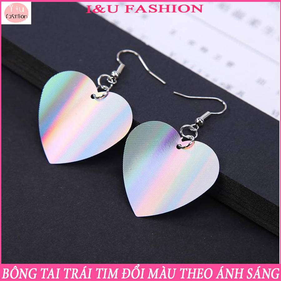 Khuyên tai bông tai trái tim màu bạc phản chiếu ánh sáng và đổi màu độc đáo cá tính cho nữ KT-37