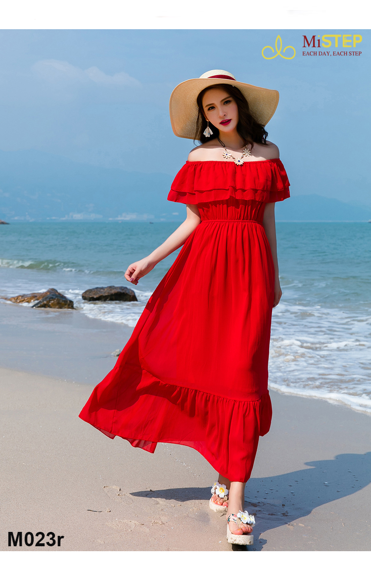 Đầm Maxi Lệch Vai Đi Biển Cho Người Béo