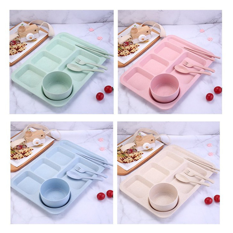 [FREESHIPMAX]Khay cơm lúa mạch 5 ngăn cao cấp có kèm chén đựng canh[BAMBOO HOUSE]