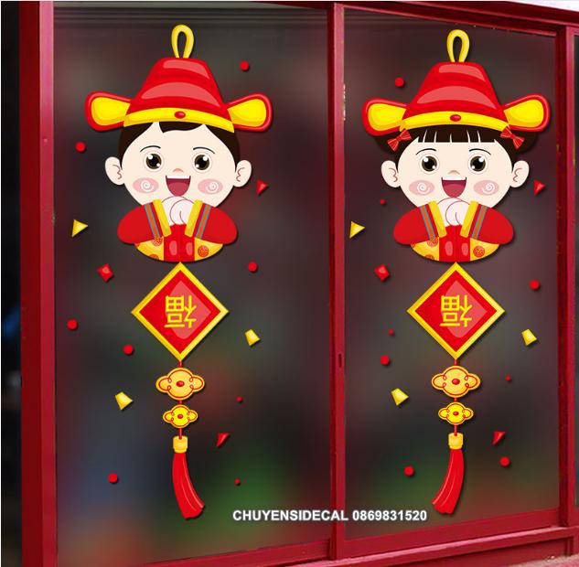 [HCM]Decal trang trí Tết - Cặp Trai Gái Nón lớn chúc Tân Xuân