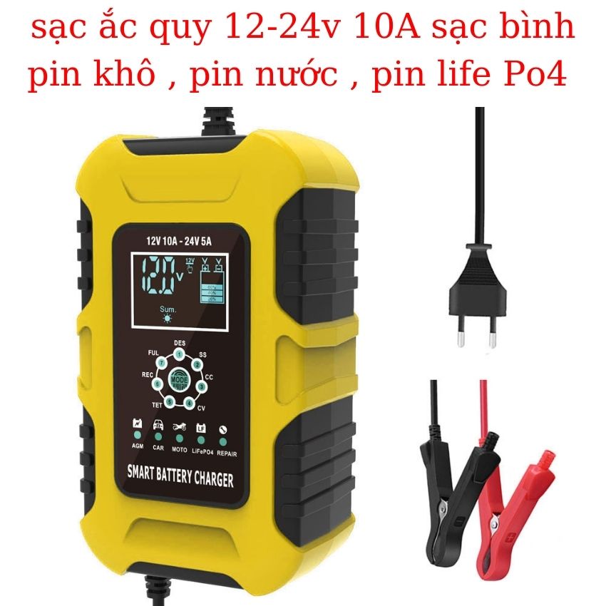 Sạc bình ắc quy 12V 24v 10A (6Ah-180ah)FOXSUR có khử sunfat thông minh tự ngăt khi đầy chống ngược cực