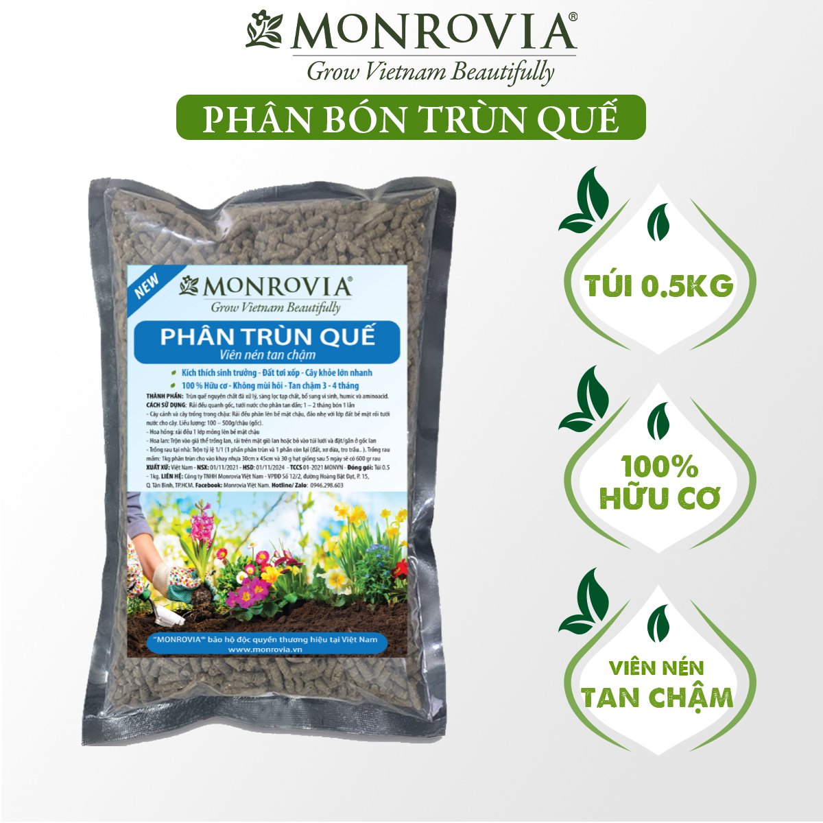 Phân trùn quế nguyên chất MONROVIA, viên nén tan chậm hữu cơ bón cho hoa hồng, lan, cây cảnh, rau củ quả