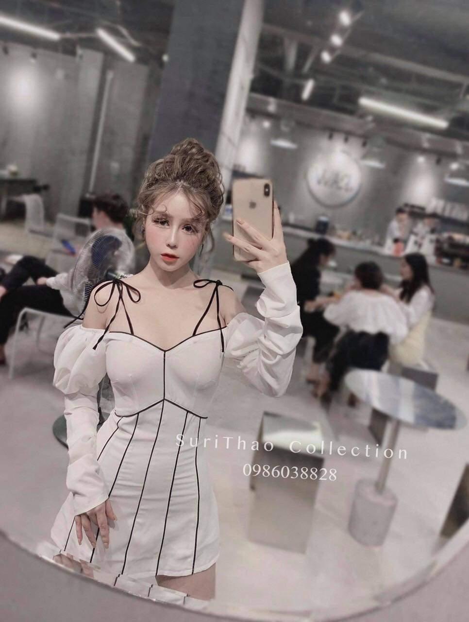 Đầm body trễ vai viền tay phồng
