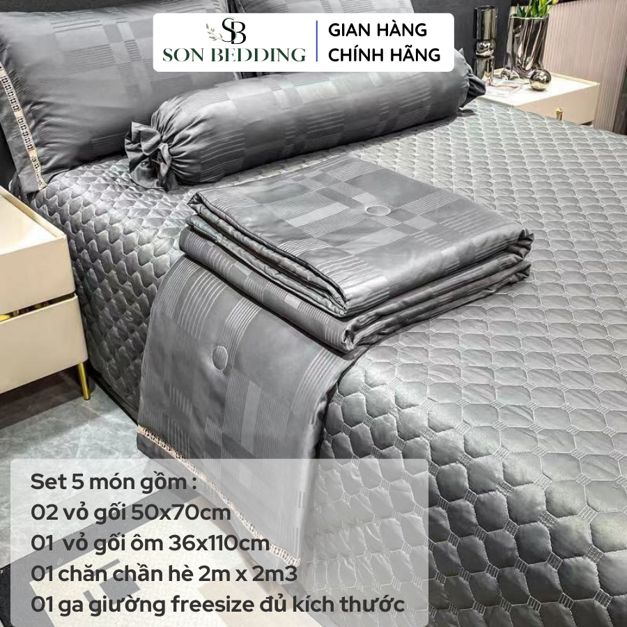 Bộ chăn ga gối phi lụa 5 món, bộ chăn ga gối phi lụa cao cấp chăn chần hè mềm mịn sang trọng