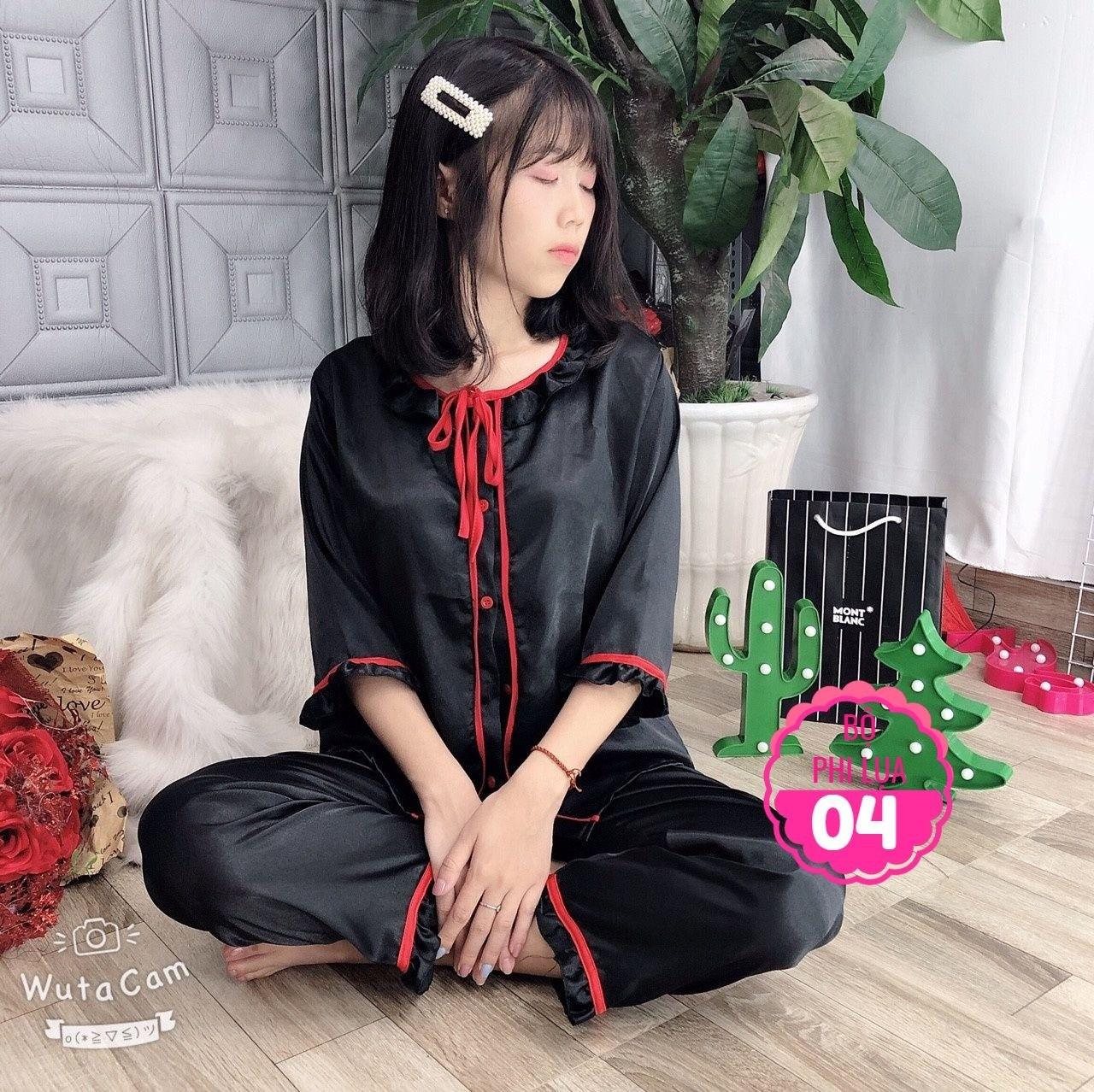 Đồ bộ phi lụa viền bèo quần dài tay lỡ size dưới 60kg