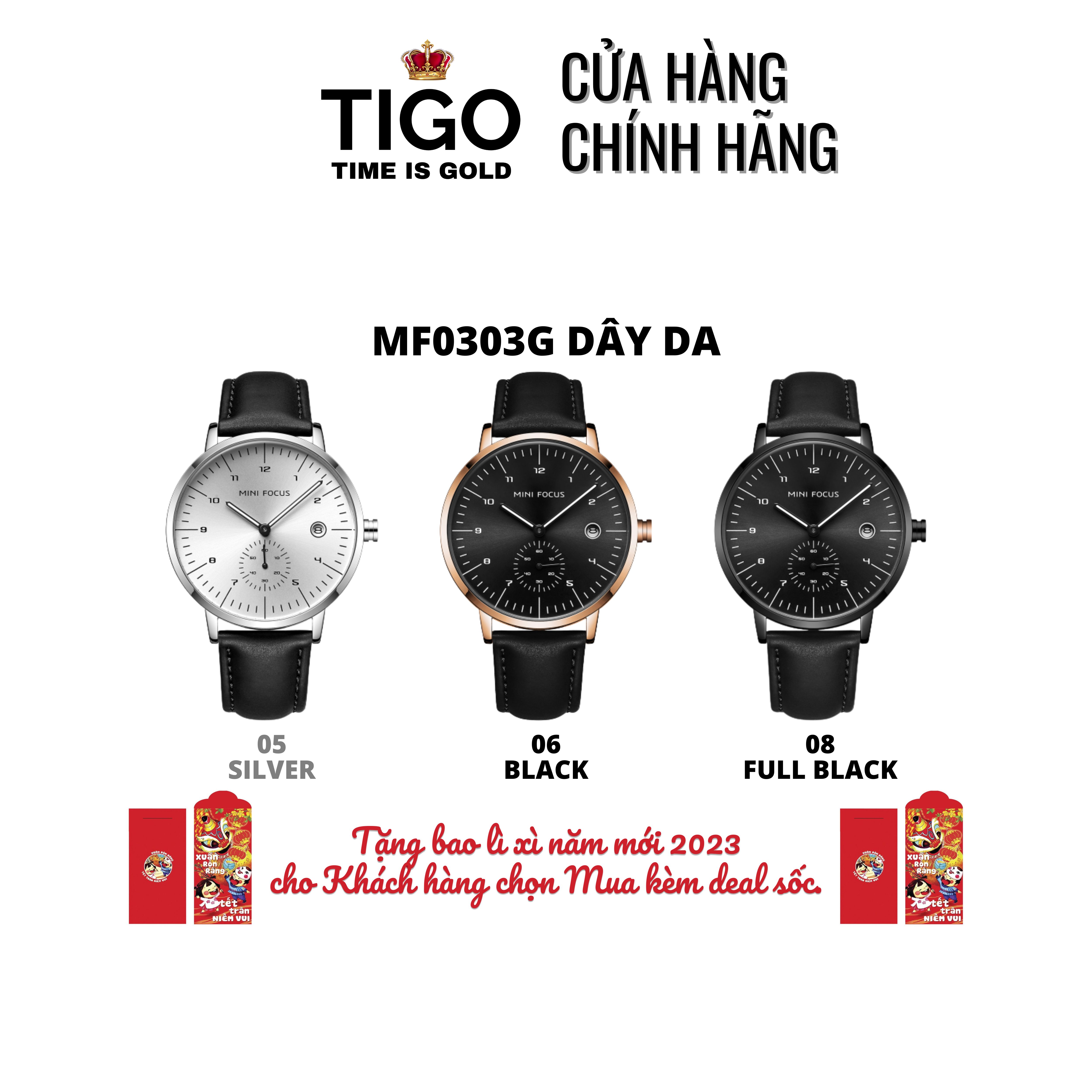 Đồng Hồ Nam MINI FOCUS MF0303G .05 Dây Da Đen Mặt Bạc Viền Thép Không Gỉ