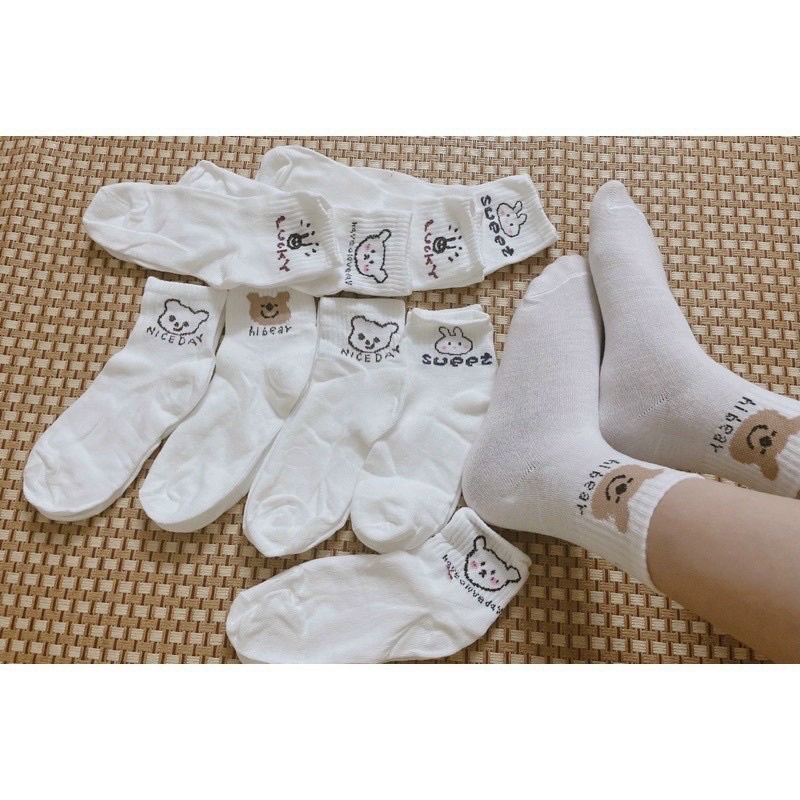 [FreeshipMAX] Set 10 đôi tất trắng in hình gấu thỏ cute