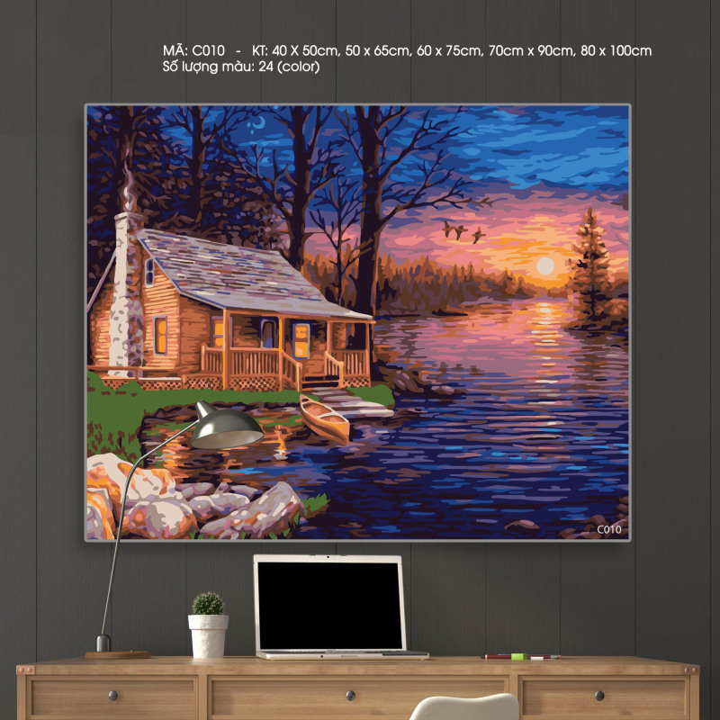Tranh sơn dầu số hóa Cảnh nhà bên sông thơ mộng Mã C010 - Kích thước 40x50cm