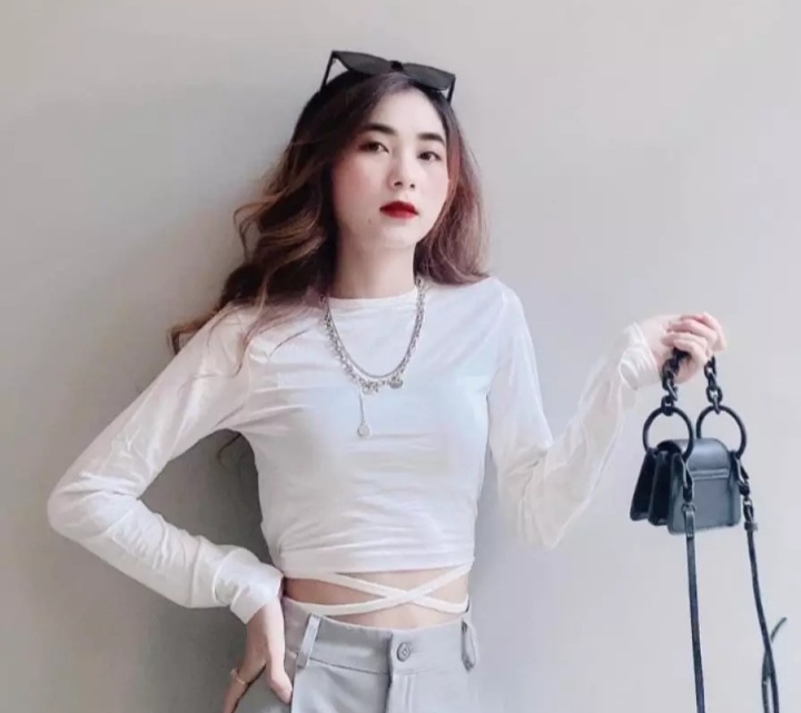 Mẫu mới áo kiểu chéo dây thân tay dài cột nơ lai áo thun croptop áo thun vải thun mềm mịn đẹp