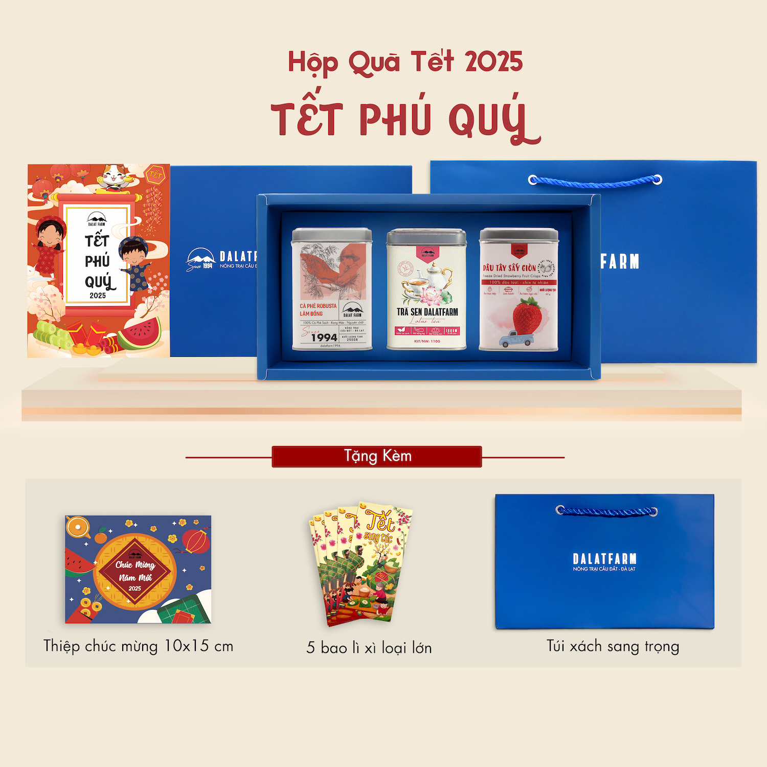 Phu Quy Tet Gift Box (Lotus Tea - Robusta Coffee - Crispy Dried Strawberries)