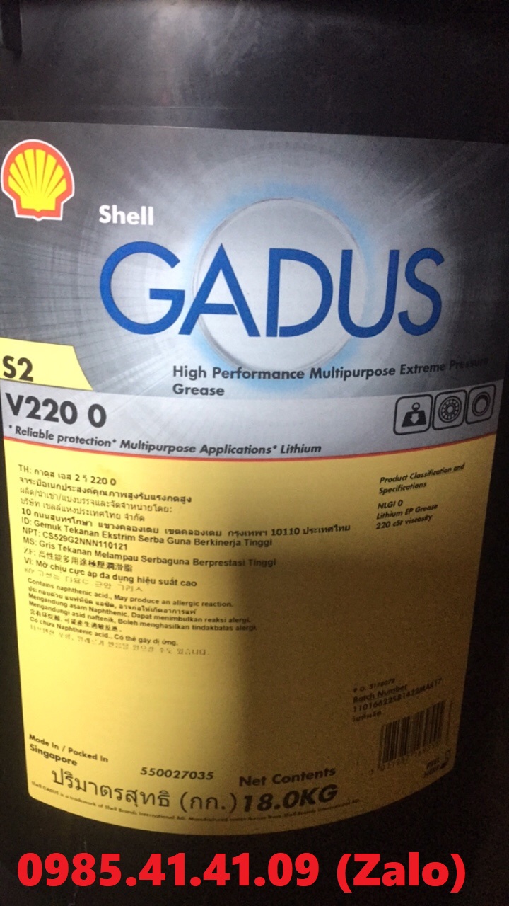 Mỡ Shell Gadus S2 V220 0 đóng gói 18KG/ xô