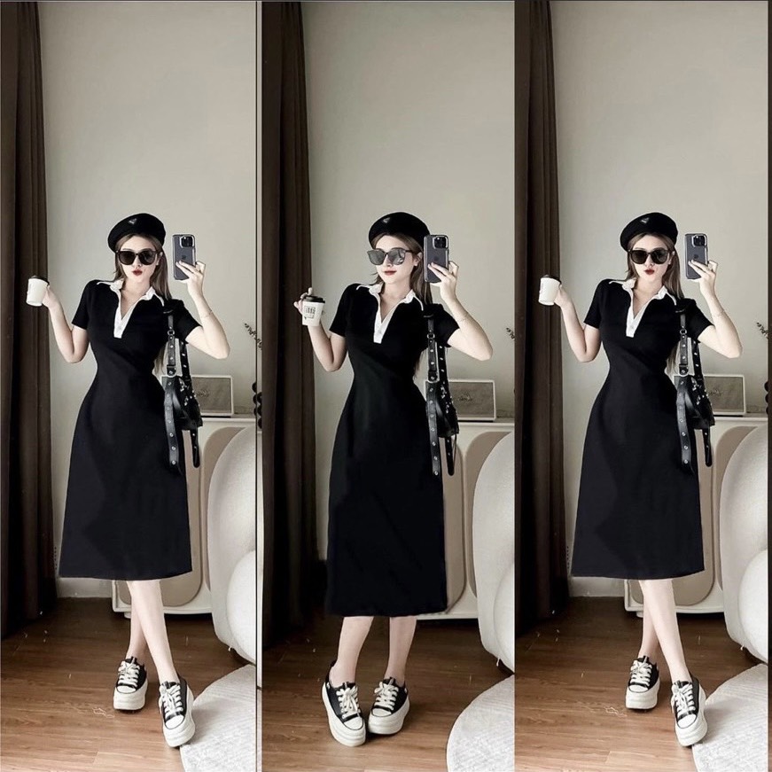 Váy midi dáng dài thun gân phối cổ polo