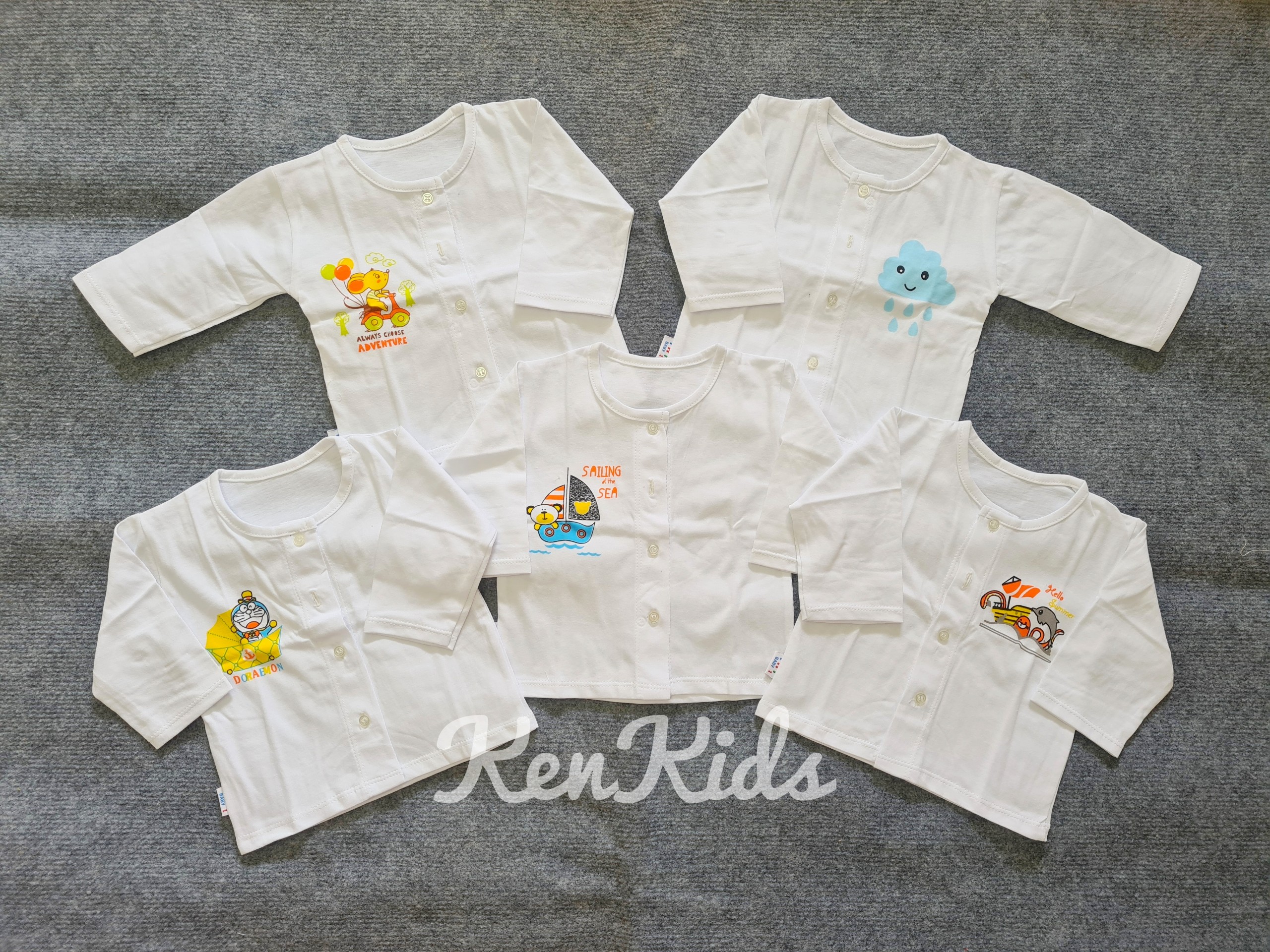 COMBO 5 Áo sơ sinh tay dài trắng cổ tròn chất thun 100% cotton THT (3-22kg)