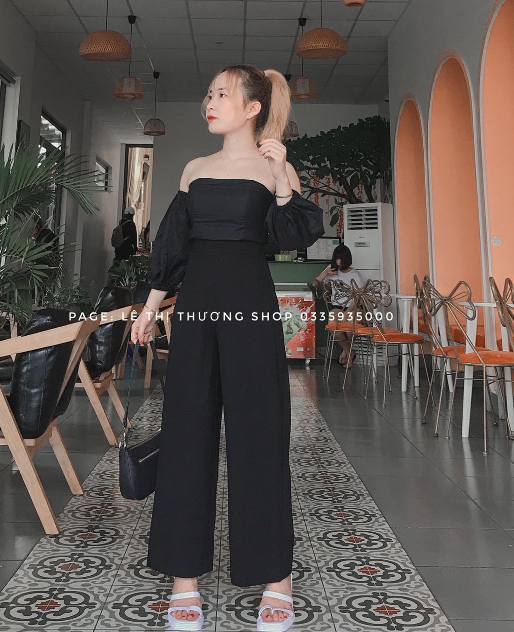 SET QUẦN SUÔNG + ÁO BẸT VAI VOAN ĐEN