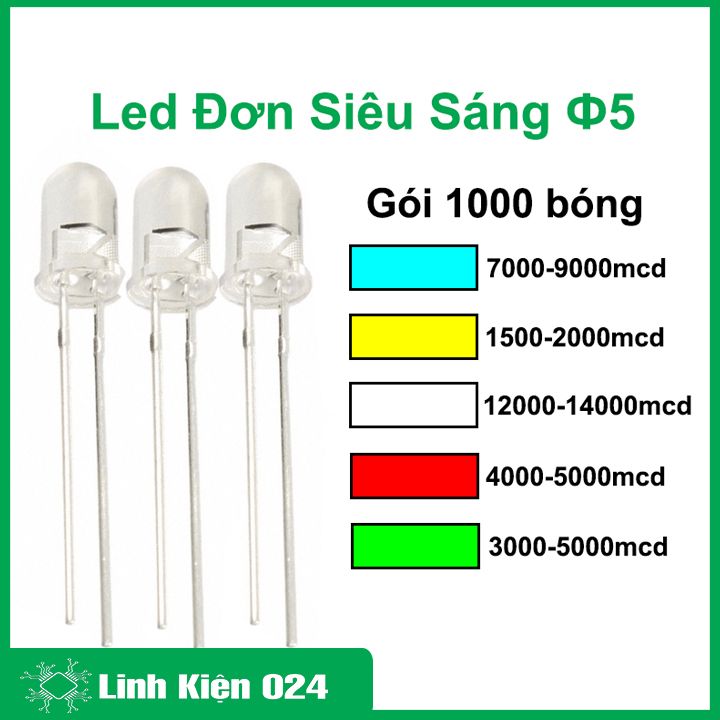 Gói 1000 bóng Led đơn 5mm siêu sáng chân dài cho ánh sáng tinh khôi nhiều màu