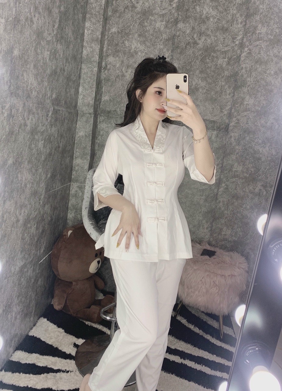 Đồ Lam Đi Chùa # Bộ viền hoa lụa Hàn 2# Quần Áo Nữ Cao Cấp