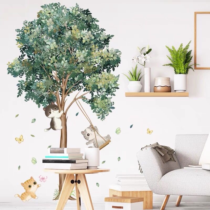 Decal dán tường mèo chơi xích đu