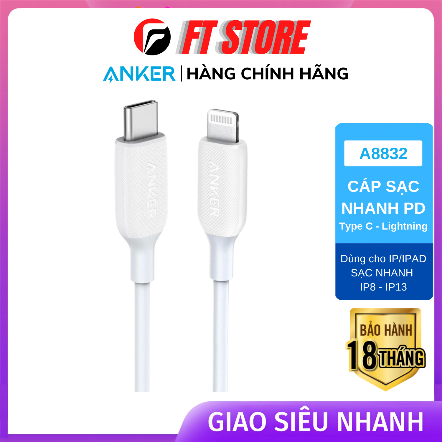 [GIAO HỎA TỐC] Cáp Anker PowerLine III A8832 USB C to Lightning 0.9m