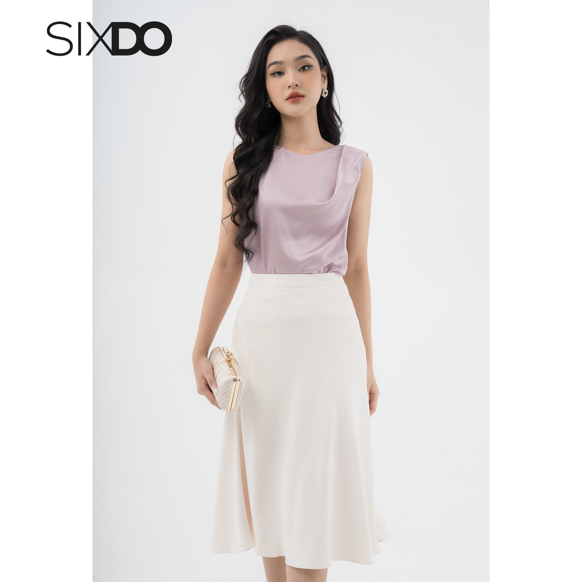 Áo lụa tím kiểu nữ sát nách SIXDO (Purple Sleeveless Silk Top)