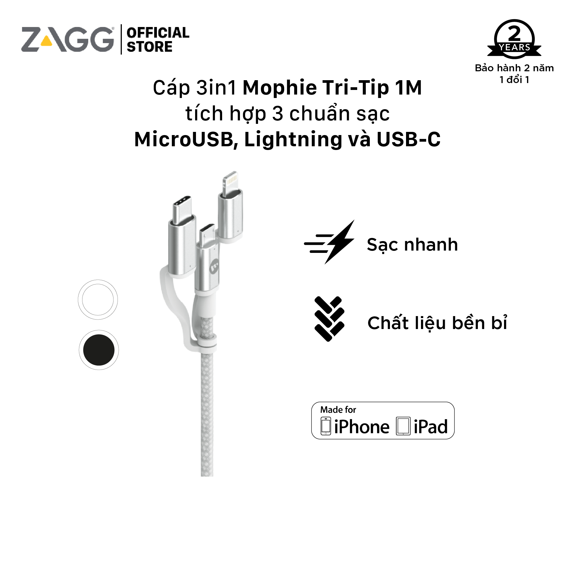 Cáp Tri - Tip Mophie 1m - microUSB, Lightning và USB-C - Đầu Lightning đạt chuẩn MFI