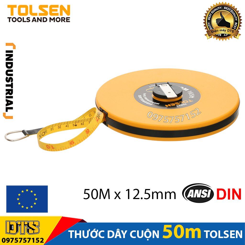 Thước dây cuộn 50m công nghiệp sợi thuỷ tinh TOLSEN, thước cuốn đa năng vỏ nhựa ABS bọc cao su siêu bền, tốc độ cuốn nhanh, thước cuộn dây, thước dây vải, thước cuộn thuỷ tinh tiêu chuẩn xuất khẩu Châu Âu