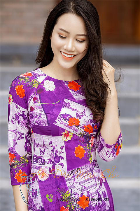 Bộ áo dài truyền thống họa tiết màu tím (áo cổ tròn ta lỡ - Cả bộ)