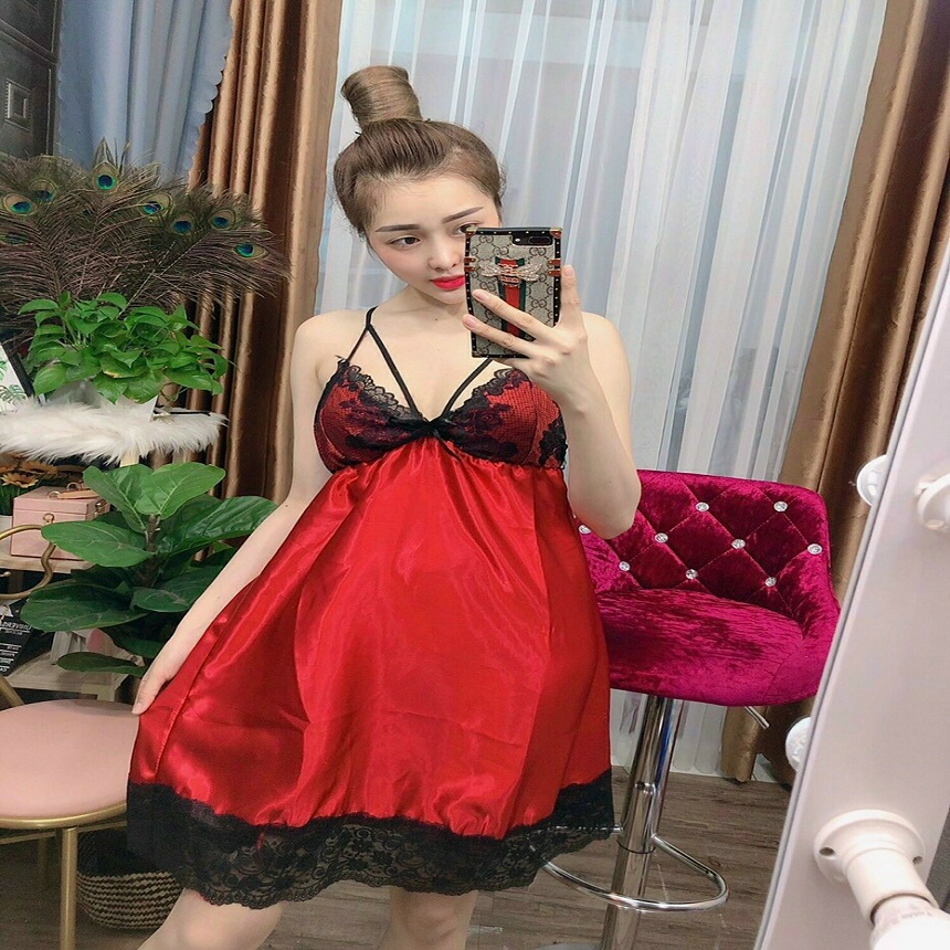 Đầm váy ngủ phối ren sexy vải Phi lụa freesize từ 44-58kg