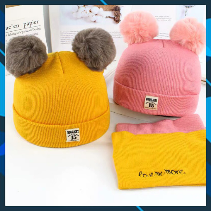 [TẶNG KÈM KHĂN-Có video minh họa] Mũ len 2 quả bông cho bé-set mũ+khăn len giữ ấm bảo vệ trẻ khỏi gió lạnh với chất liệu an toàn cho da bé không gây ngứa-Mũ len 2 quả kèm khăn cho bé từ 0-36 tháng