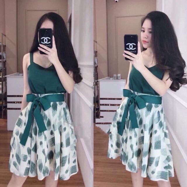 Đầm xòe nữ dự tiệc màu xanh cột nơ eo